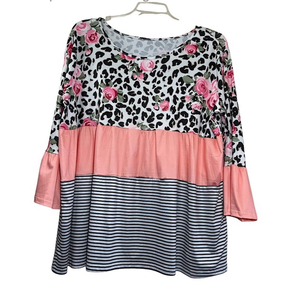 Peach, white black floral stripe mixed print tiered babydoll top size XXL